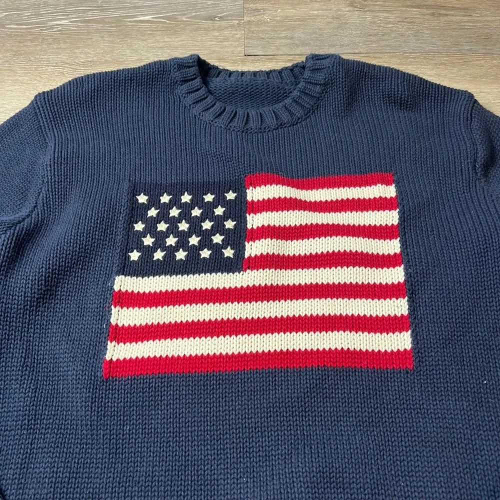 Brandy Melville Sweater Mens XS Navy Blue American Flag Knit Pullover MNJ225